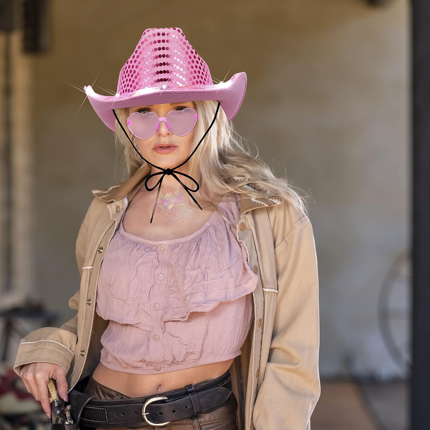 Haysandy 6 Set LED Holographic Space Cowgirl Hat Neon Sparkly Cowboy Hat with Glasses Glitter Set for Women Adult Disco Rodeo Party Accessories - View 5 of 7