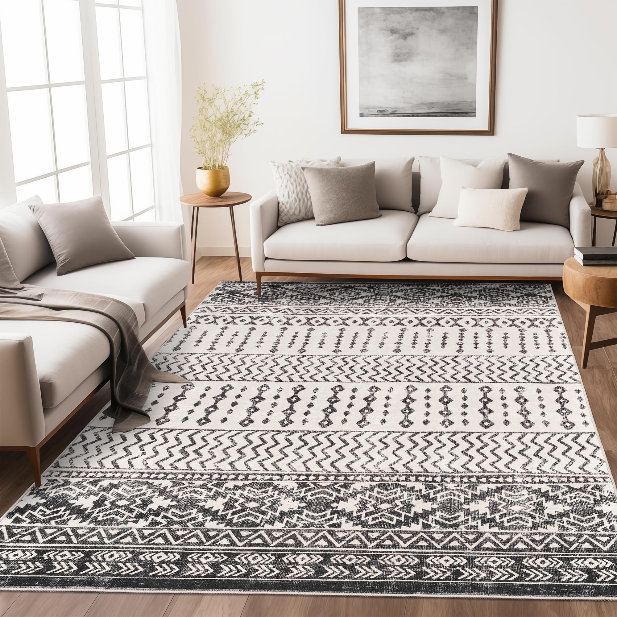 Art and Tuft 5x7 Area Rug Super Soft Ultra Thin Moroccan Washable Anti Slip for Living Room Geometric Design Machine Washable Black