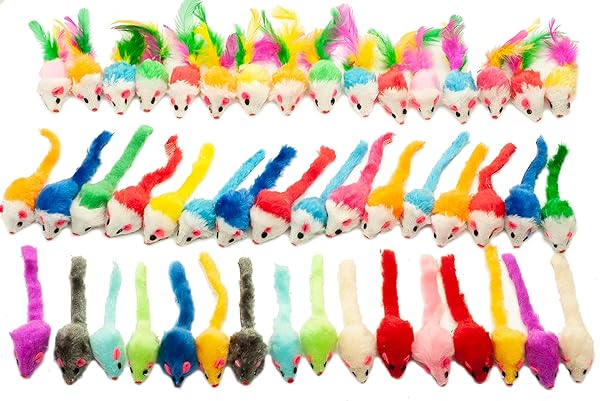 Fashion's Talk Fashion's Talk 48 Count Assorted Mice Cat Toys Furry Rattle Mouse Kitten Toy Mini Mice for Indoor Cats Interactive Play Color Varies