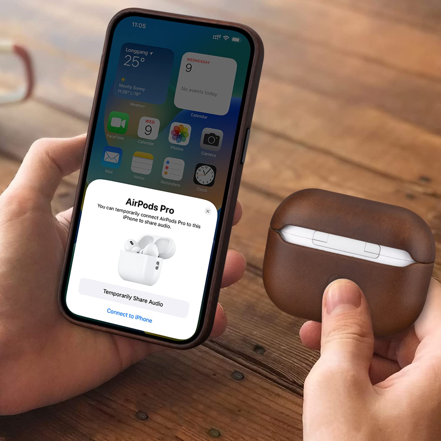 maogoam Maogoam Leather Case Cover for AirPods Pro 2nd Generation Genuine Oil Wax Crazy Horse Dark Brown Indiana Jones Style Front LED Visible - View 2 of 8