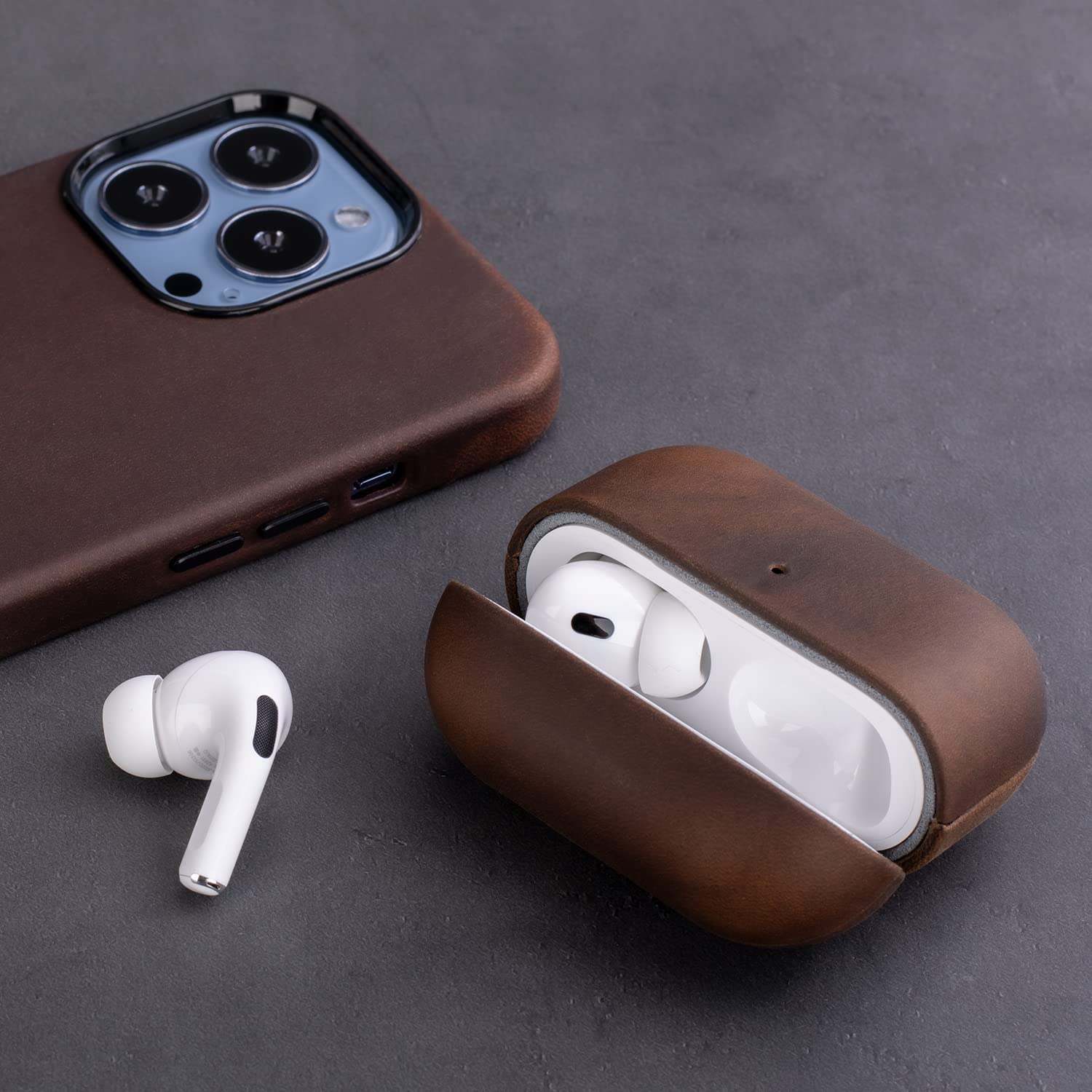 maogoam Maogoam Leather Case Cover for AirPods Pro 2nd Generation Genuine Oil Wax Crazy Horse Dark Brown Indiana Jones Style Front LED Visible - View 3 of 8