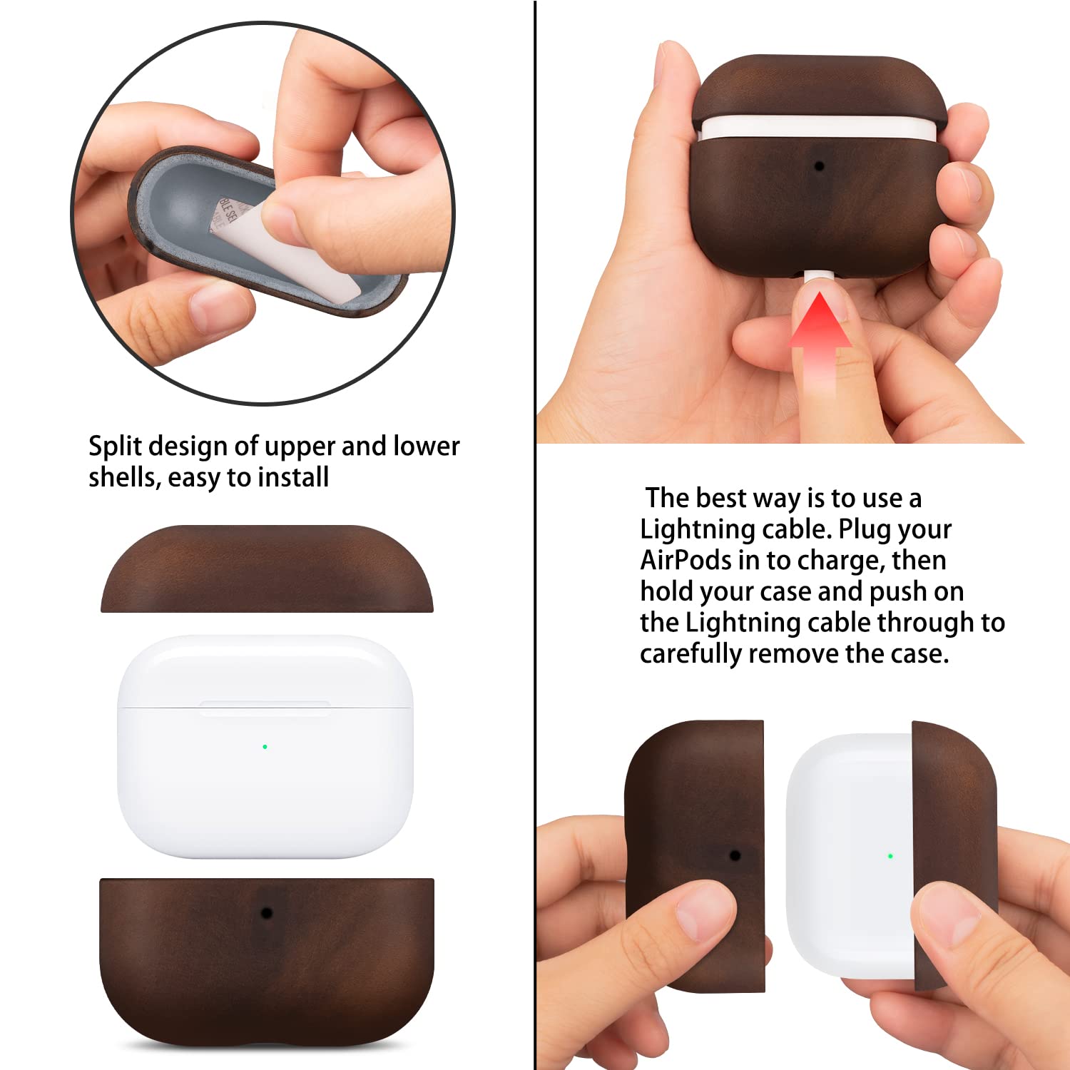 maogoam Maogoam Leather Case Cover for AirPods Pro 2nd Generation Genuine Oil Wax Crazy Horse Dark Brown Indiana Jones Style Front LED Visible - View 4 of 8