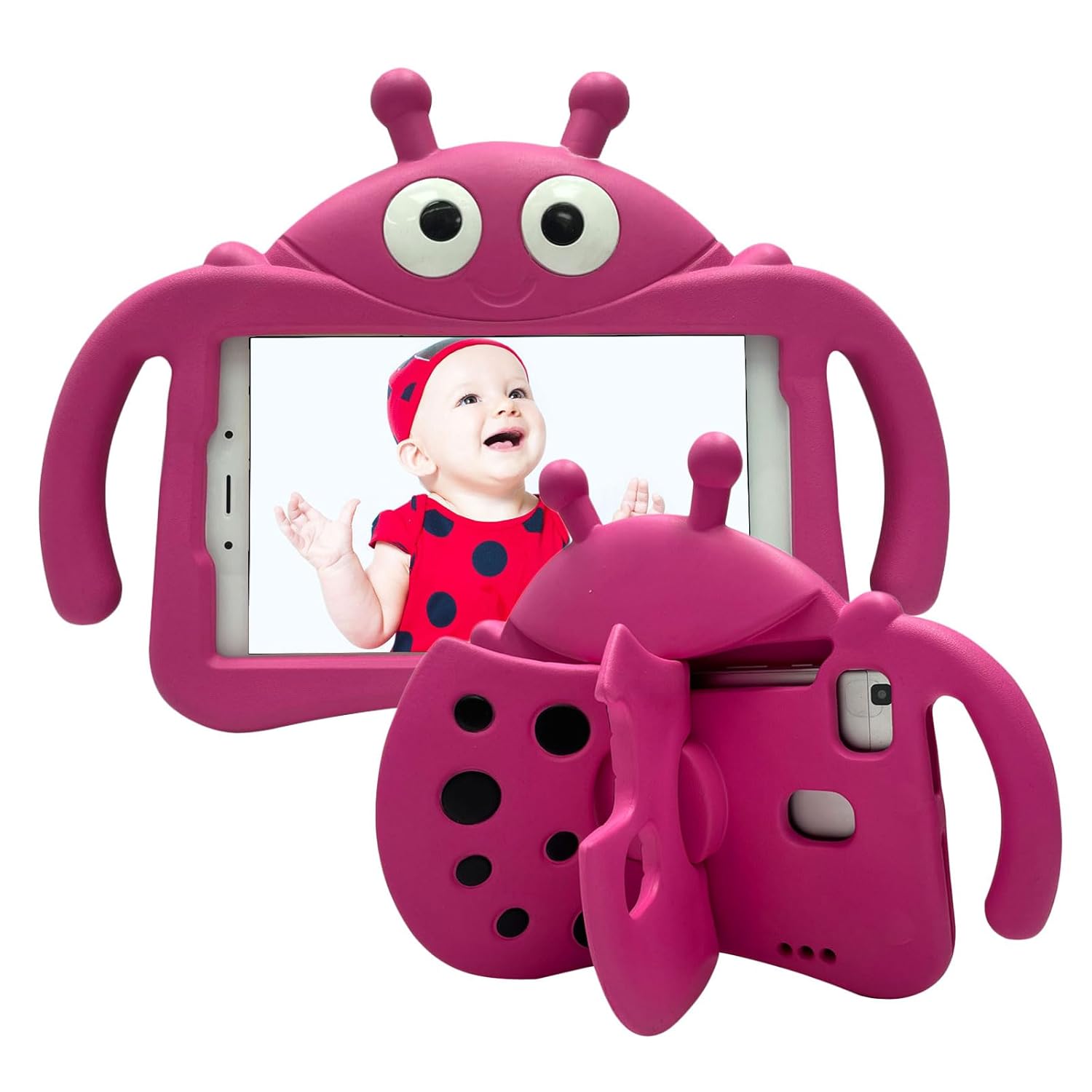 Tading Tading Kids Case for Samsung Galaxy Tab A7 Lite Ladybug Design 3D Cartoon Soft EVA Foam Shockproof Handle Stand Cover Magenta