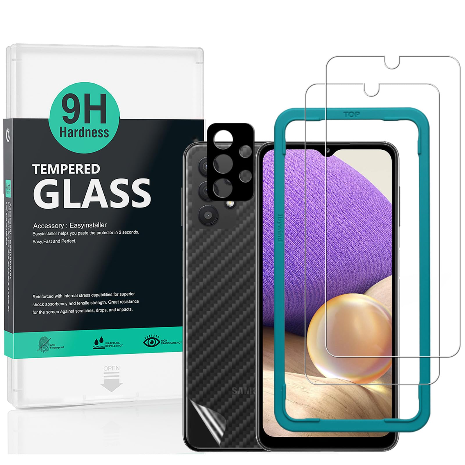 Ibywind Screen Protector For SamSung Galaxy A32 5G(6.5 Inches),with 2Pcs Tempered Glass,1Pc Camera Lens Protector,1Pc Backing Carbon Fiber