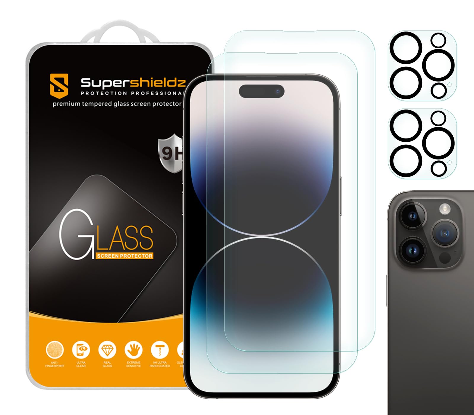 Supershieldz (2 Pack) Designed for iPhone 14 Pro (6.1 inch) + Camera Lens Tempered Glass Screen Protector, Anti Scratch, Bubble Free