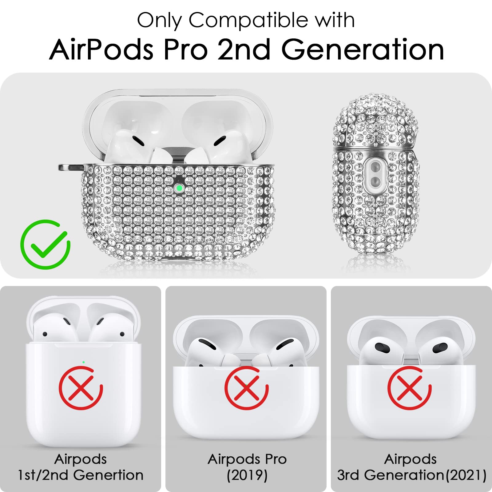 Filoto Filoto Cute AirPods Pro 2nd Generation Case Bling Crystal Protective Cover for Women with Lobster Clasp Keychain Silver - View 2 of 7