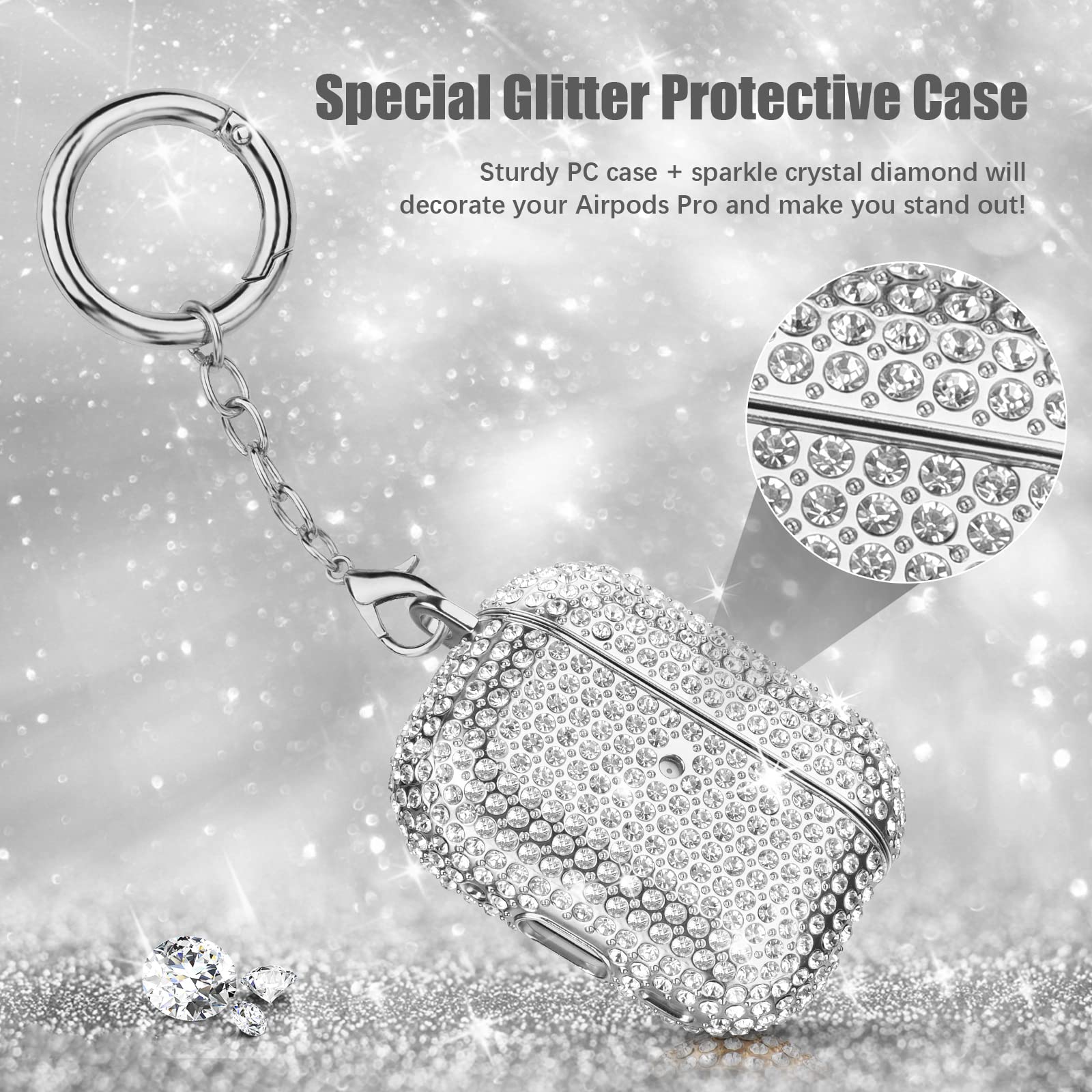 Filoto Filoto Cute AirPods Pro 2nd Generation Case Bling Crystal Protective Cover for Women with Lobster Clasp Keychain Silver - View 3 of 7