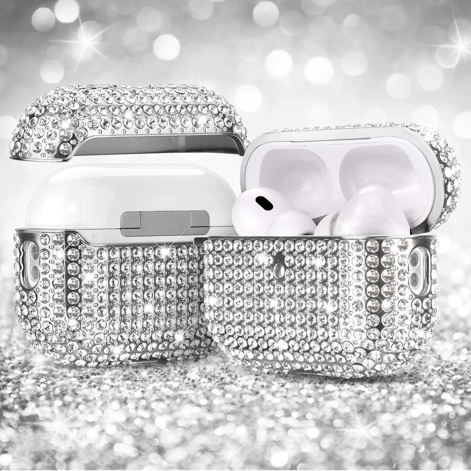 Filoto Filoto Cute AirPods Pro 2nd Generation Case Bling Crystal Protective Cover for Women with Lobster Clasp Keychain Silver - View 6 of 7