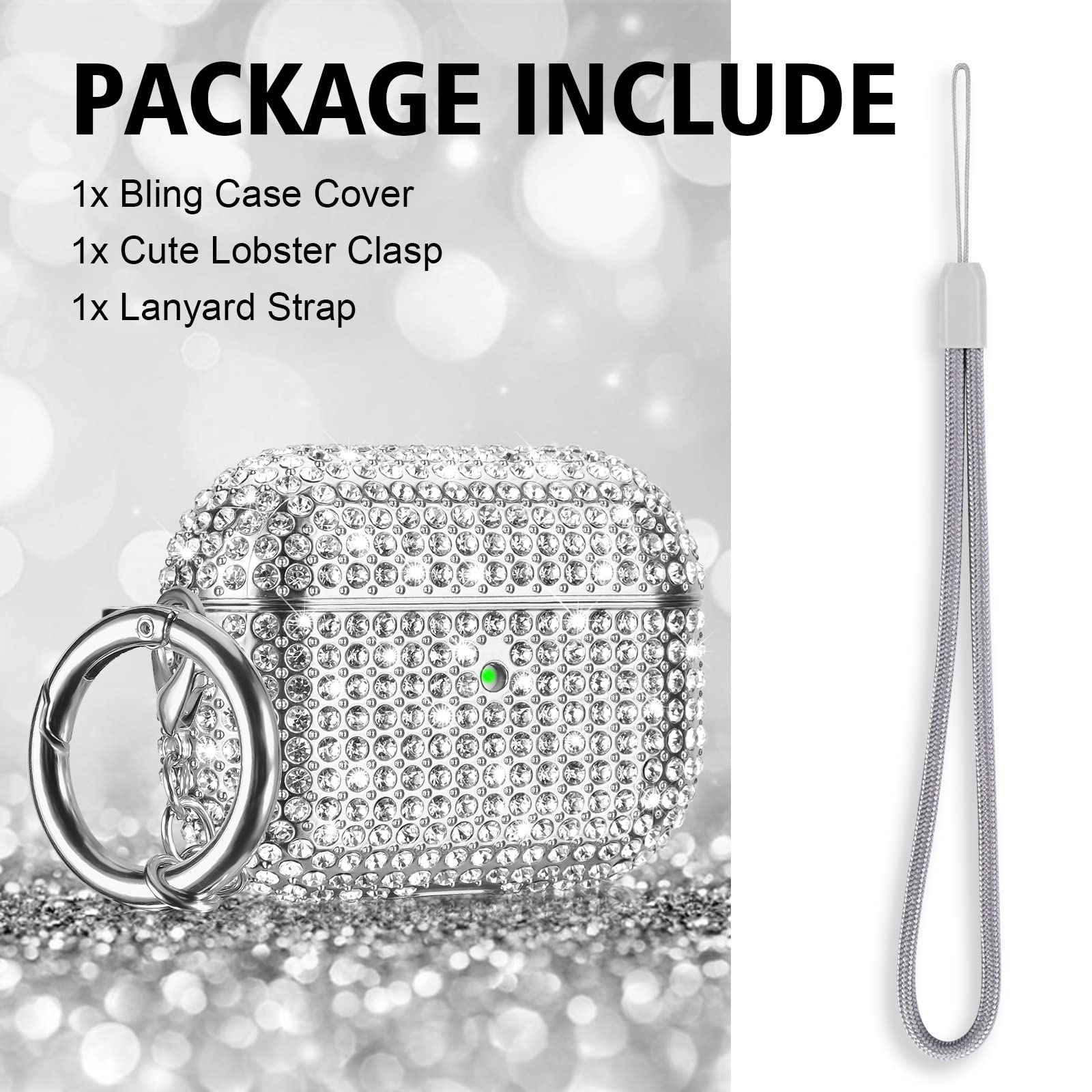 Filoto Filoto Cute AirPods Pro 2nd Generation Case Bling Crystal Protective Cover for Women with Lobster Clasp Keychain Silver - View 7 of 7