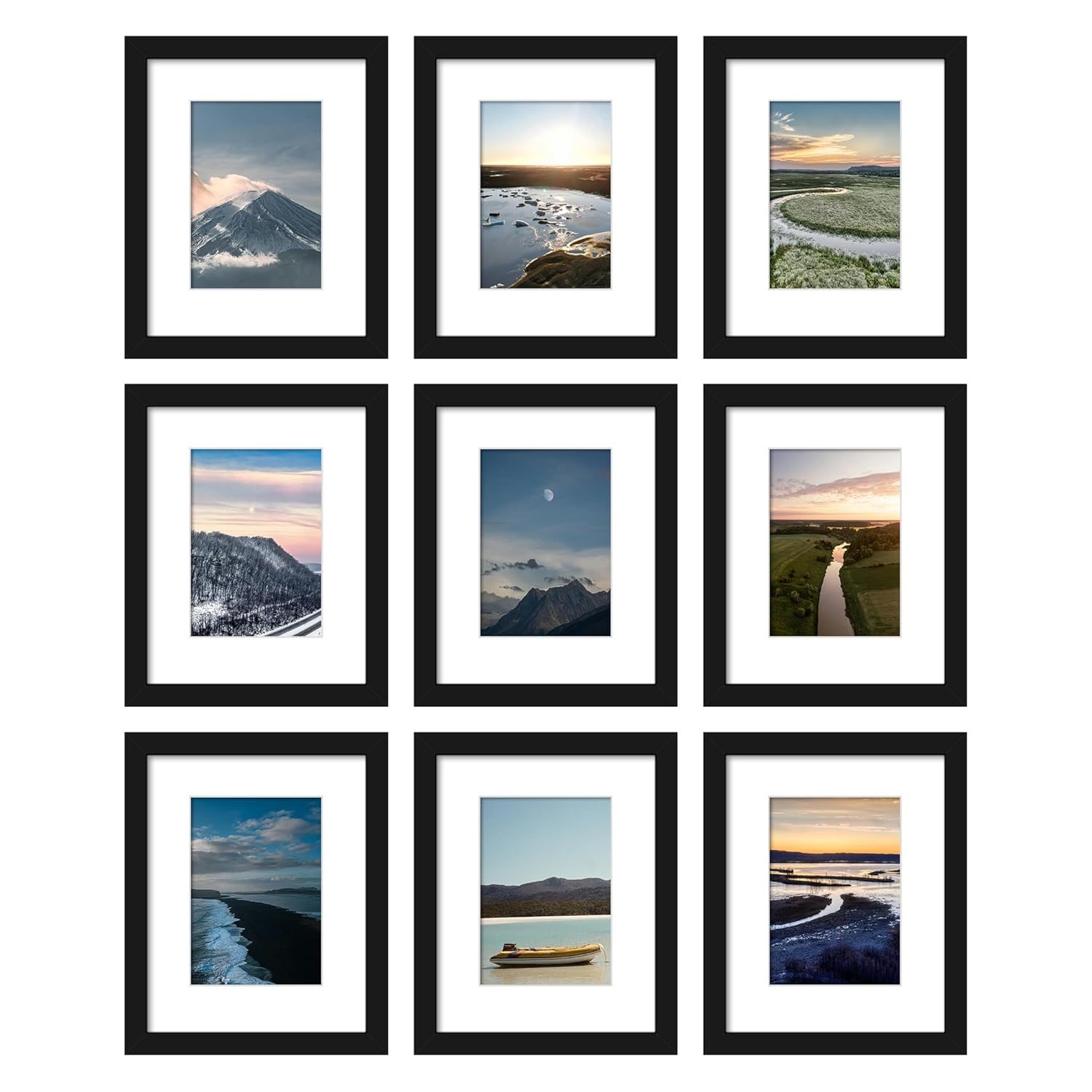 Wiscet Wiscet 8x10 Picture Frame Set of 9 for Wall Mounting or Tabletop Display Photos 5x7 with Mat or 8x10 Without Mat Black