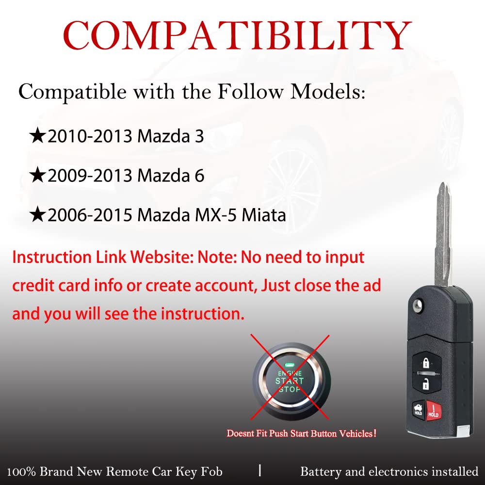 MechanMagic Key Fob Remote Replacement Fits for 2006 2007 2008 2009 2010 2011 2012 2013 2014 2015 Mazda MX-5 Miata Mazda 3 Mazda 6 BGBX1T478SKE125-01 - View 2 of 7