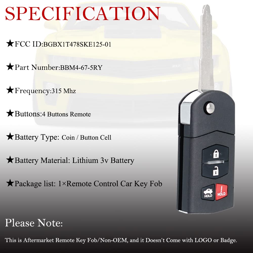 MechanMagic Key Fob Remote Replacement Fits for 2006 2007 2008 2009 2010 2011 2012 2013 2014 2015 Mazda MX-5 Miata Mazda 3 Mazda 6 BGBX1T478SKE125-01 - View 4 of 7