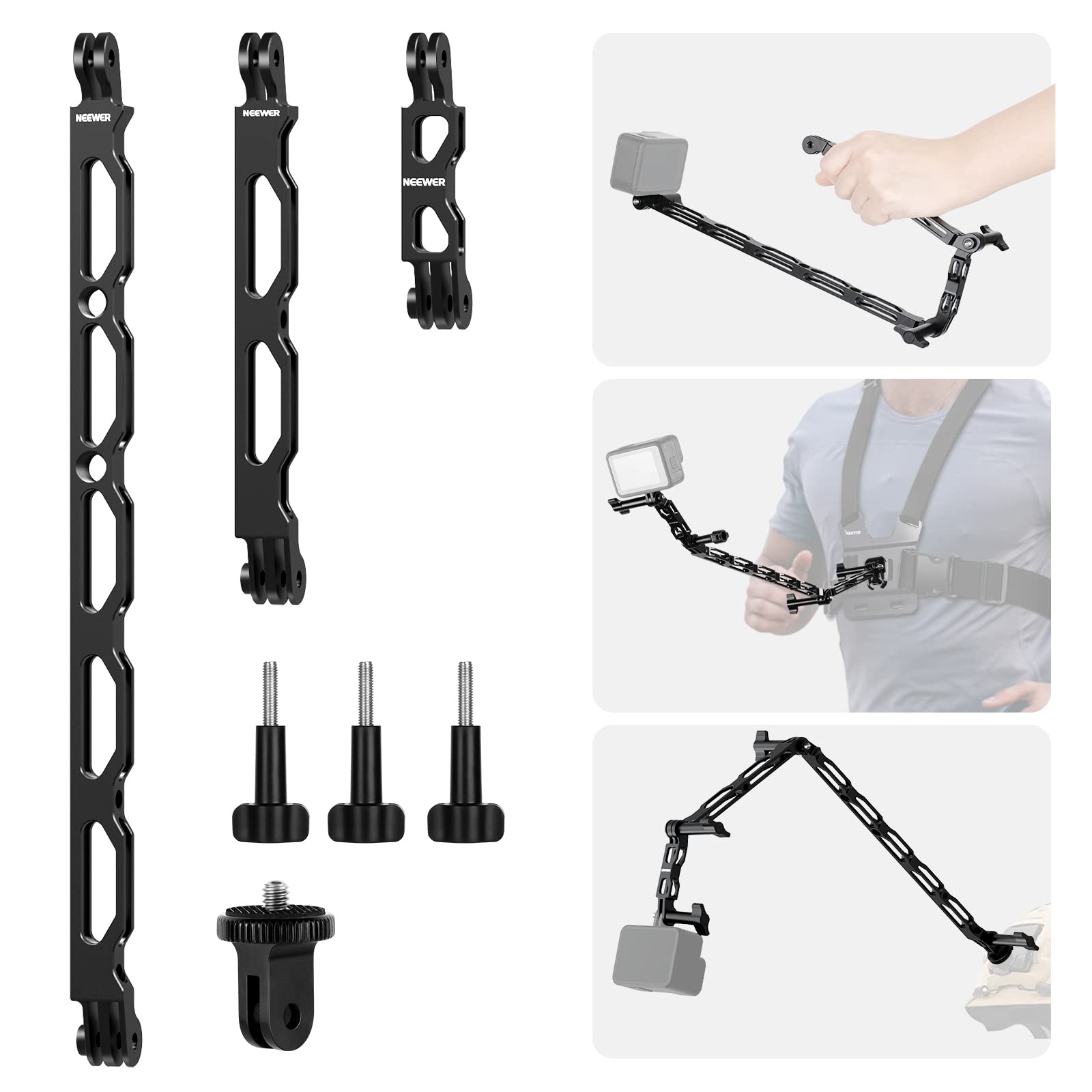 NEEWER Aluminum Alloy Extension Arm Set for Action Camera Compatible with GoPro Hero11 10 9 8 7 Insta360 DJI Osmo Action 3