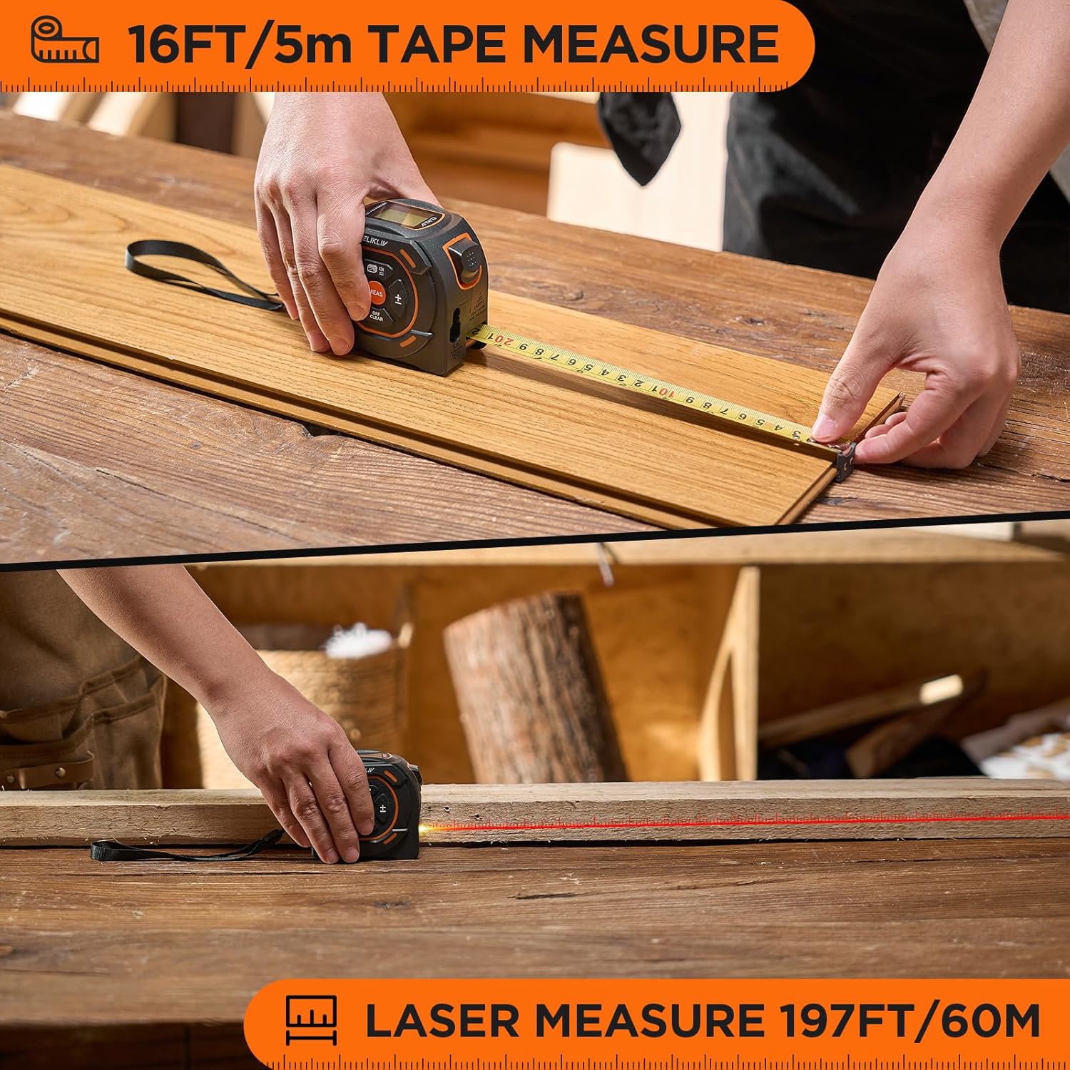 Elikliv Laser Tape Measure 197Ft Laser Measurement & 16Ft Manual Measuring Digital Tape Measure Support to Pythagorean Mode, Area, Volume, Ft/Ft+in/in/M Unit Distance Meter for Woodworker Tool - View 2 of 8