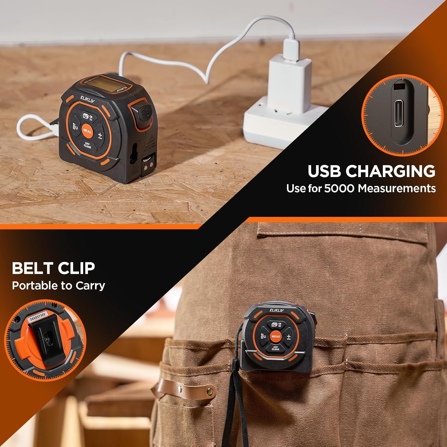 Elikliv Laser Tape Measure 197Ft Laser Measurement & 16Ft Manual Measuring Digital Tape Measure Support to Pythagorean Mode, Area, Volume, Ft/Ft+in/in/M Unit Distance Meter for Woodworker Tool - View 6 of 8