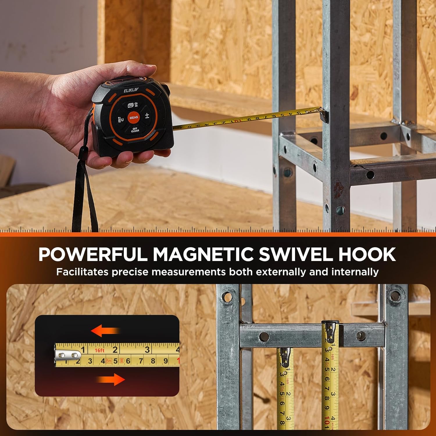 Elikliv Laser Tape Measure 197Ft Laser Measurement & 16Ft Manual Measuring Digital Tape Measure Support to Pythagorean Mode, Area, Volume, Ft/Ft+in/in/M Unit Distance Meter for Woodworker Tool - View 8 of 8