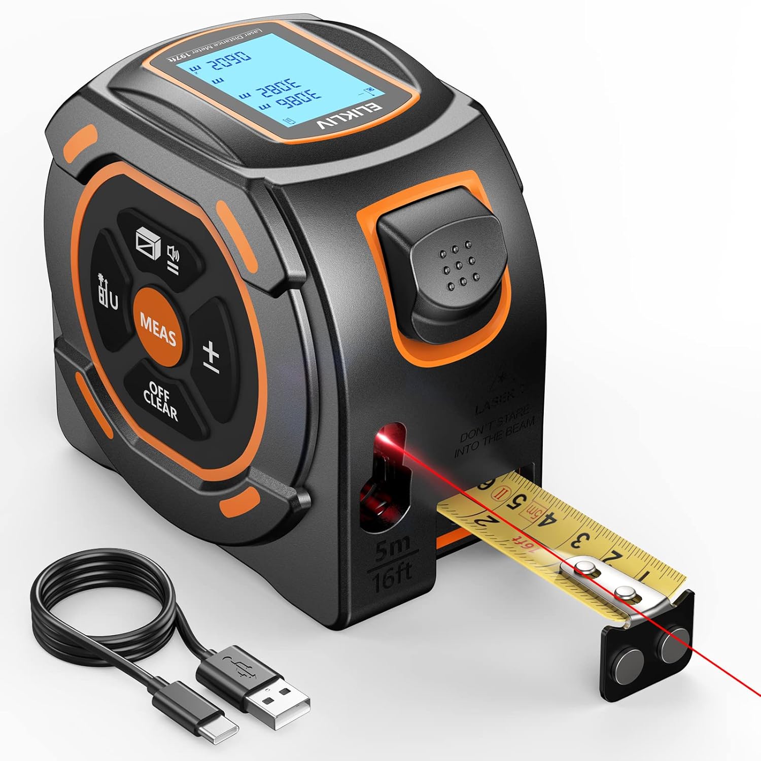 Elikliv Laser Tape Measure 197Ft Laser Measurement & 16Ft Manual Measuring Digital Tape Measure Support to Pythagorean Mode, Area, Volume, Ft/Ft+in/in/M Unit Distance Meter for Woodworker Tool