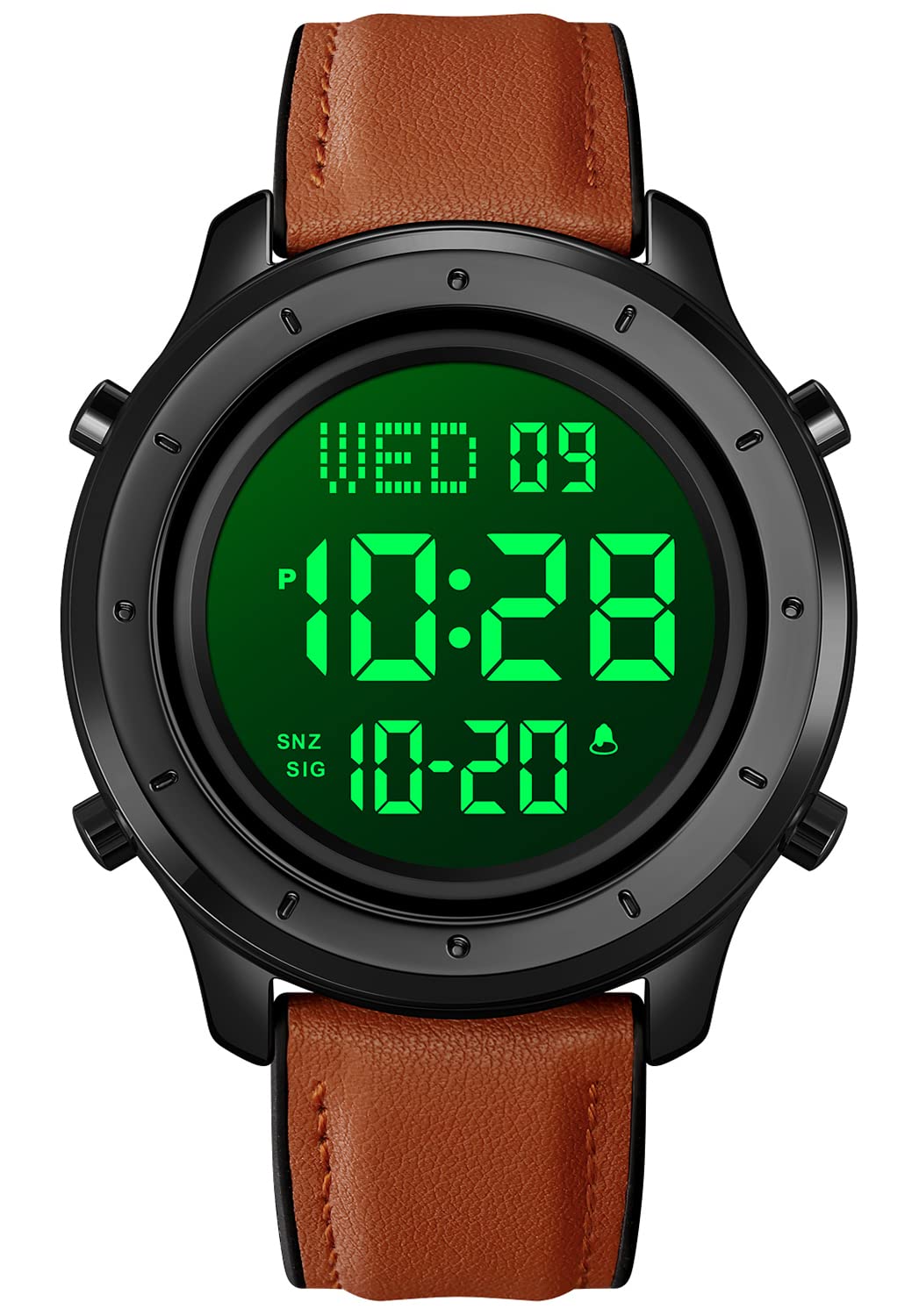 PASOY Mens Big Dial Digital Leather Watch Simple Large Display Countdown Alarm Stopwatch LED Backlight Black Dial Business Multifunction Watches