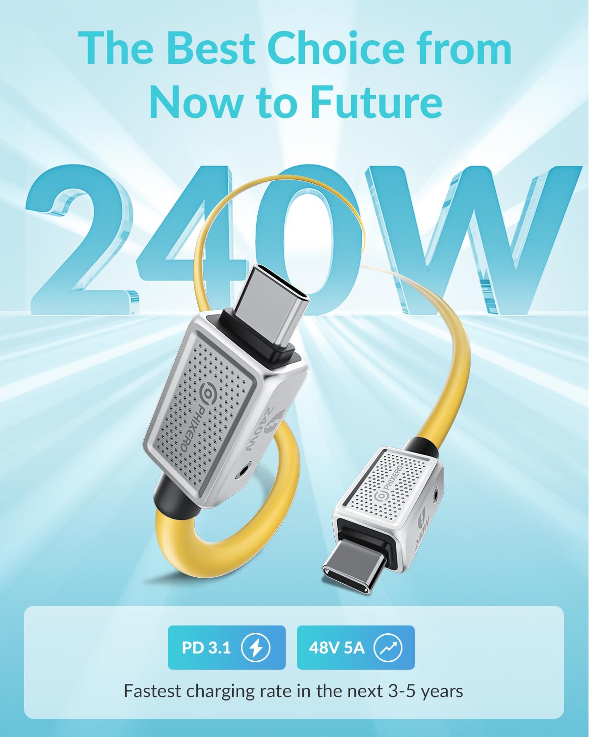 PHIXERO PHIXERO 240W USB C to USB C Cable 5ft Yellow Zine Alloy High Speed Charging Durable Design - View 2 of 7