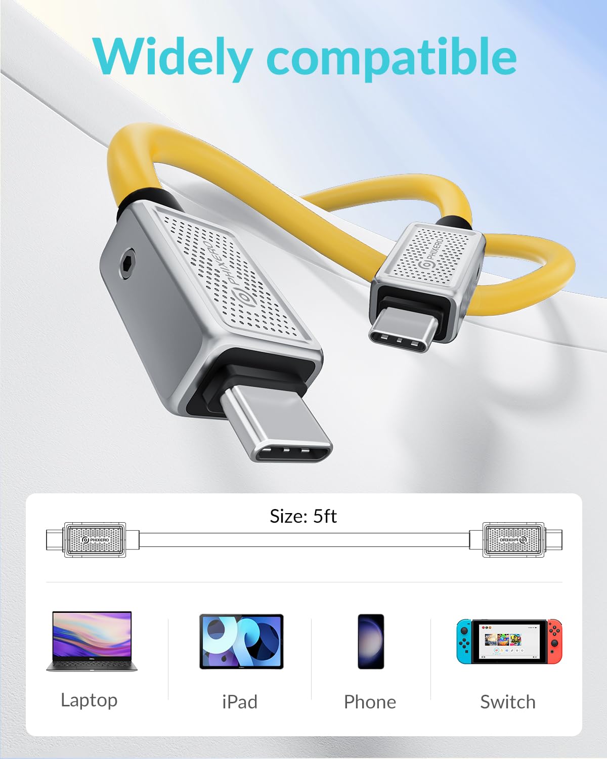 PHIXERO PHIXERO 240W USB C to USB C Cable 5ft Yellow Zine Alloy High Speed Charging Durable Design - View 7 of 7