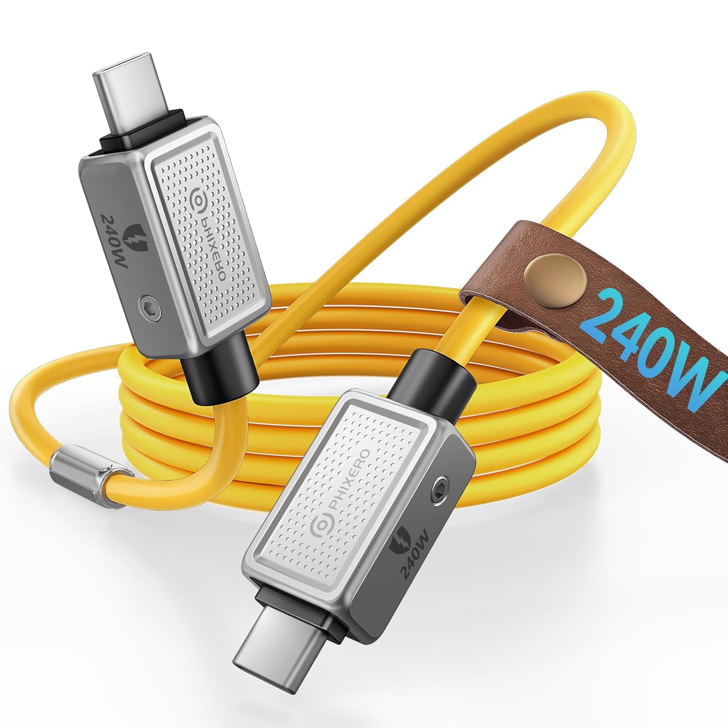 PHIXERO 240W USB C to USB C Cable 5ft Yellow Zine Alloy High Speed Charging Durable Design