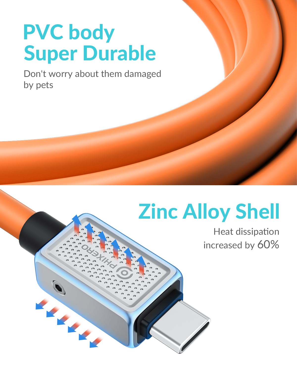 PHIXERO PHIXERO 240W USB C to USB C Cable 20Gbps 3.3ft Zine Alloy Durable Fast Charging Orange - View 5 of 7