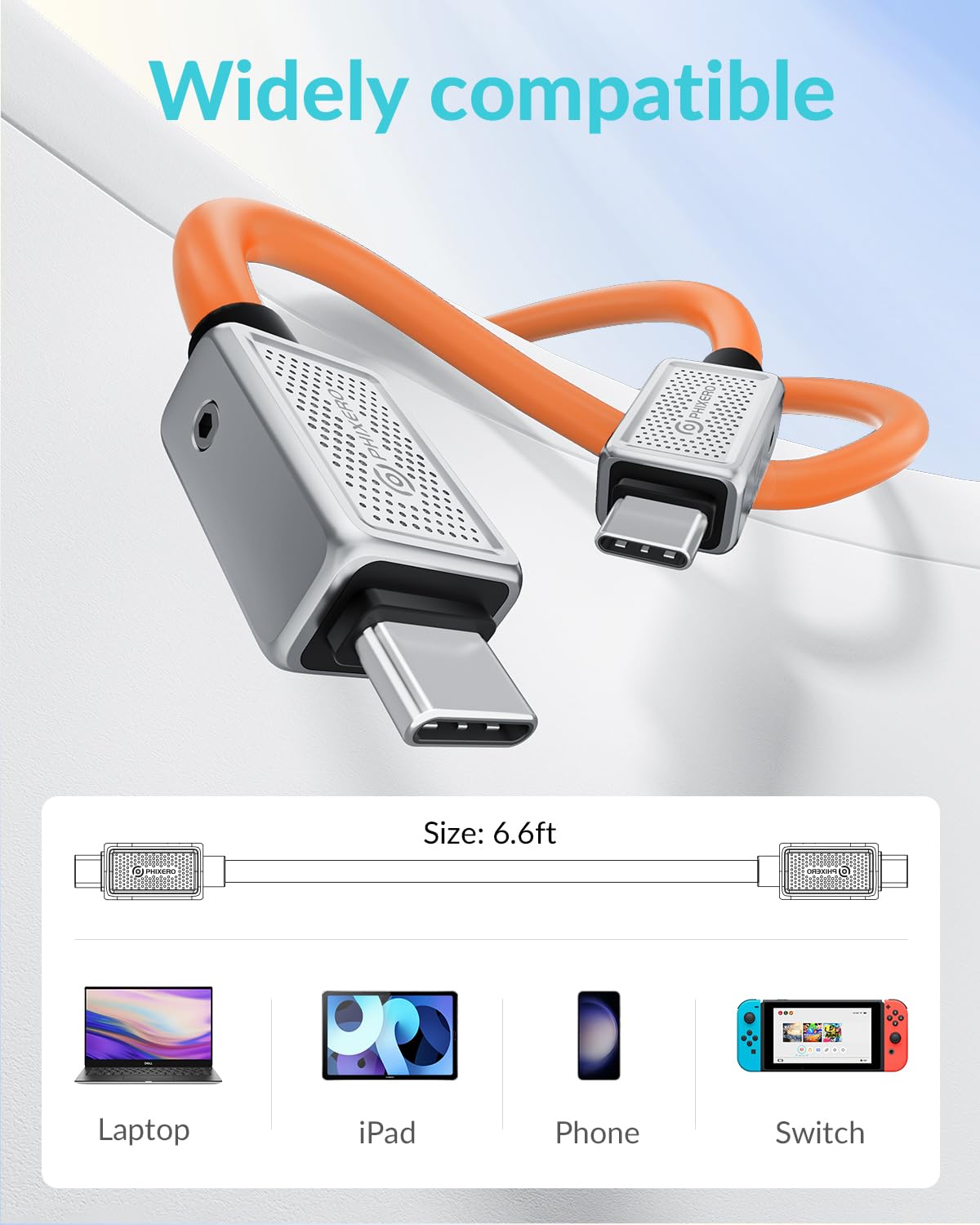 PHIXERO PHIXERO 240W USB C to USB C Cable 20Gbps 6.6ft Zine Alloy Fast Charging Orange - View 7 of 7