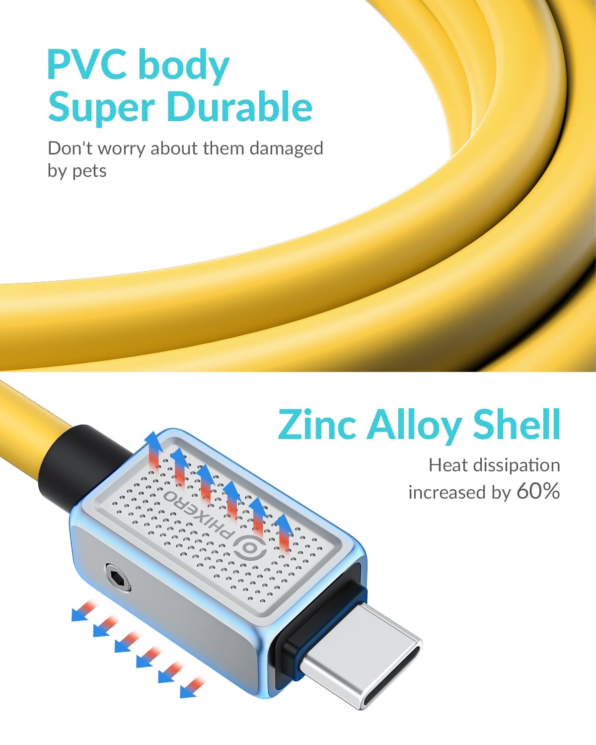 PHIXERO PHIXERO 240W USB C to USB C Cable 20Gbps 6.6ft Zine Alloy Durable Yellow Fast Charging Cable - View 4 of 6