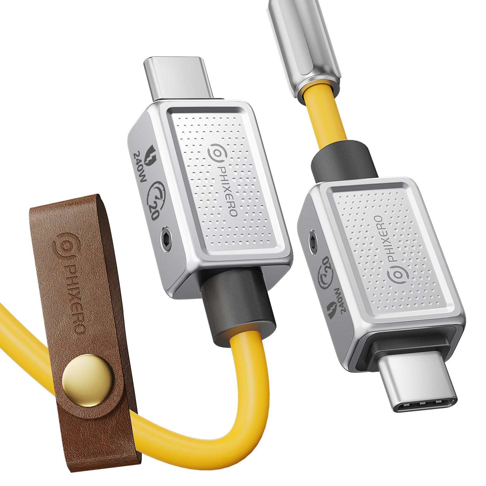 PHIXERO 240W USB C to USB C Cable 20Gbps 6.6ft Zine Alloy Durable Yellow Fast Charging Cable