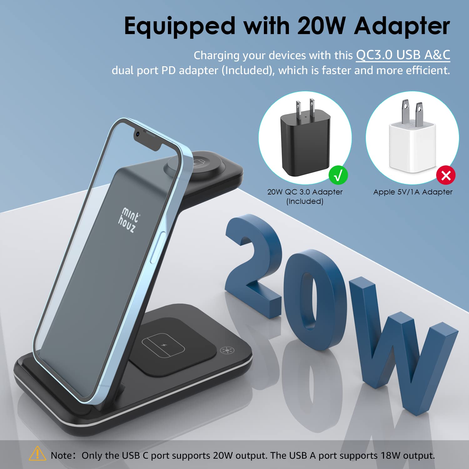 Minthouz Minthouz Wireless Charger 3 in 1 Fast Charging Station with 20W Adapter for iPhone 14 13 12 11 Apple Watch and AirPods - View 3 of 8