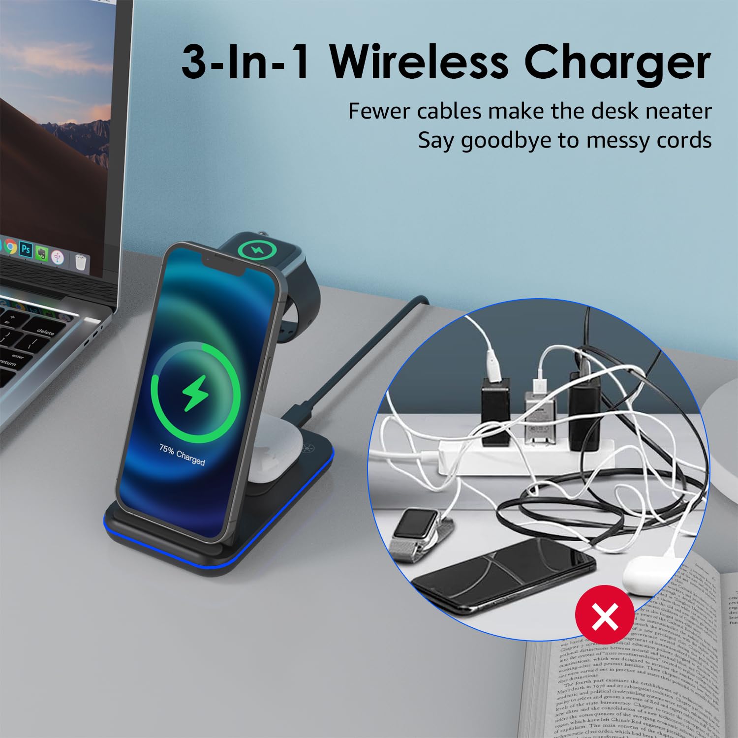 Minthouz Minthouz Wireless Charger 3 in 1 Fast Charging Station with 20W Adapter for iPhone 14 13 12 11 Apple Watch and AirPods - View 8 of 8