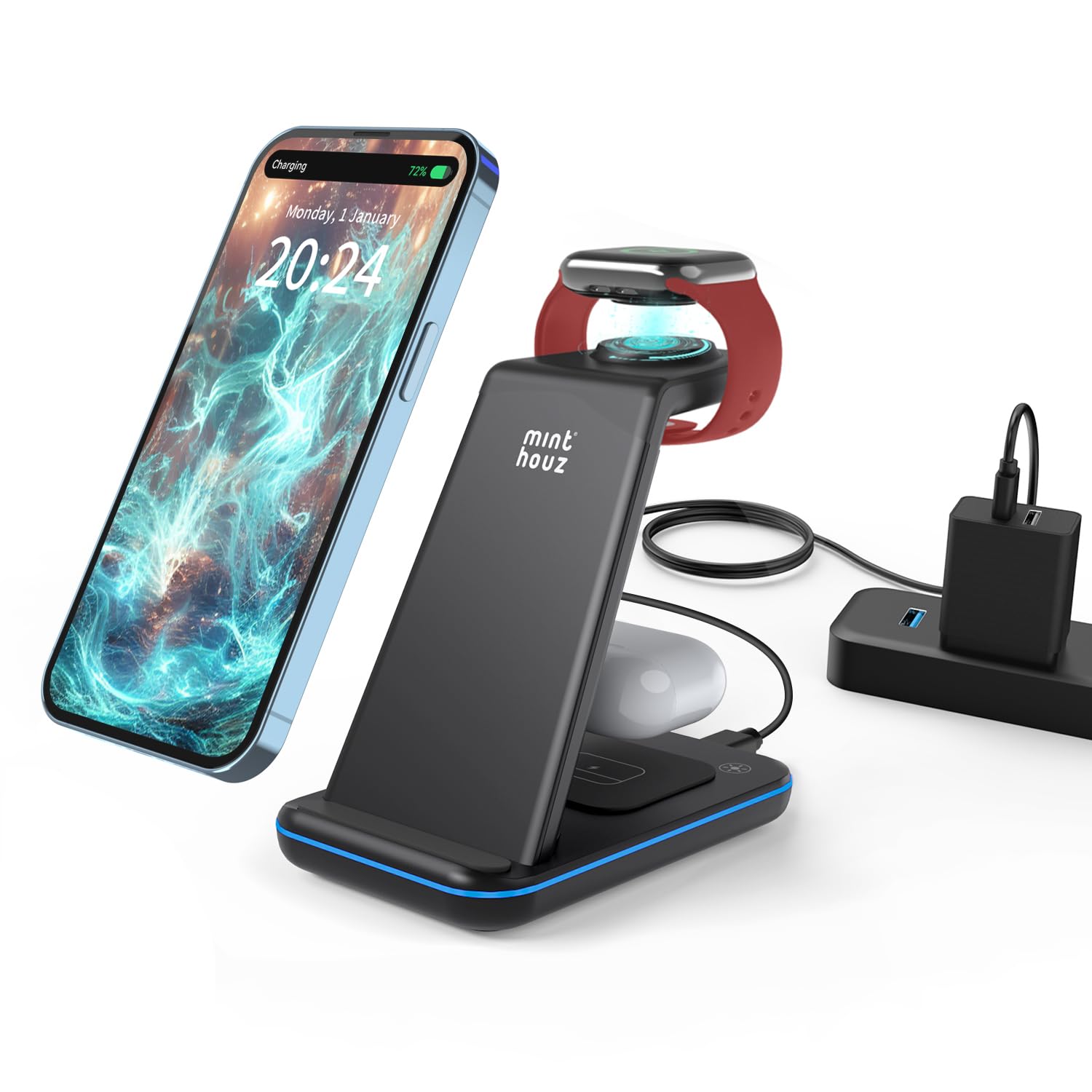 Minthouz Minthouz Wireless Charger 3 in 1 Fast Charging Station with 20W Adapter for iPhone 14 13 12 11 Apple Watch and AirPods