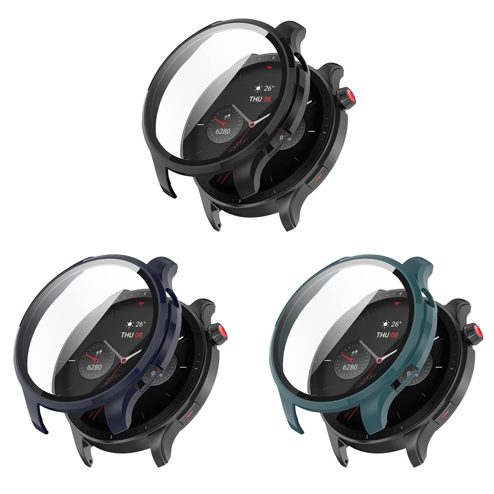PC Full Coverage Protective Watch Case Cover for Amazfit GTR 4 Tempered Glass Screen Protector for Amazfit GTR 4 Smart Watch Accessories (3 Pack)