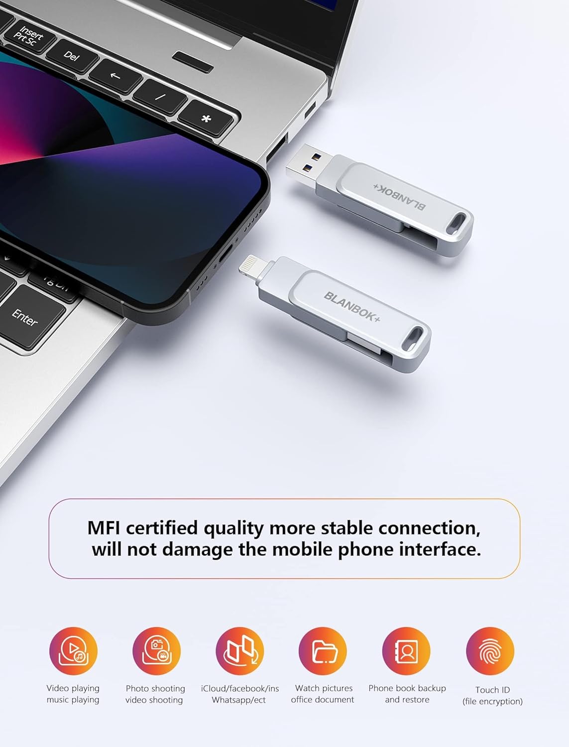 BLANBOK+ MFi Certified 512GB Flash Drive High Speed USB Memory Stick Portable Photo Stick for iPhone iPad Android PC - View 5 of 8
