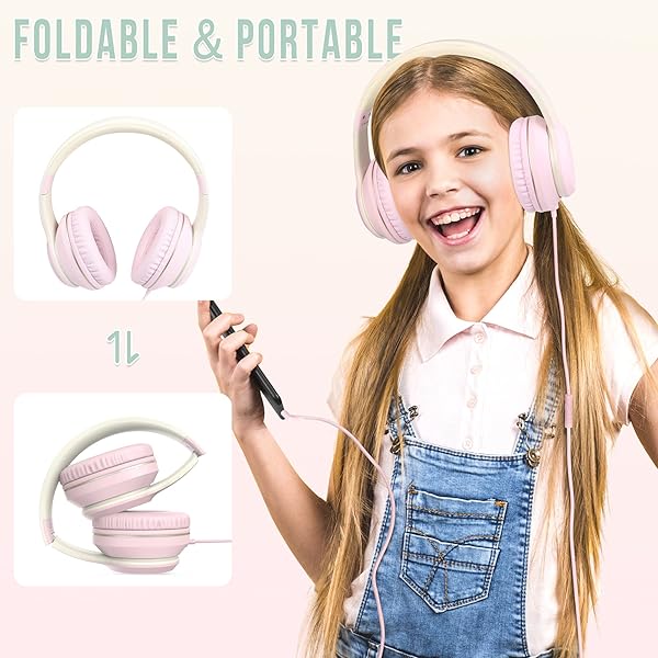 rockpapa Rockpapa L22 Wired Headphones for Kids & Women - Foldable Stereo with Microphone, Perfect for School & Travel (Pink) - View 5 of 8