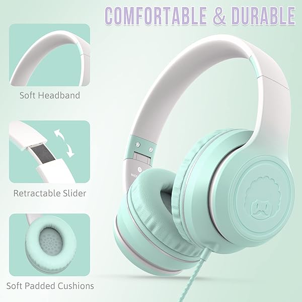 rockpapa Rockpapa L22 Wired Headphones for Kids & Adults - Foldable Stereo with Microphone, Perfect for School & Travel (Teal) - View 4 of 9