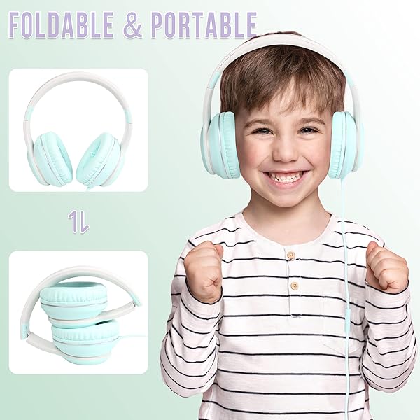 rockpapa Rockpapa L22 Wired Headphones for Kids & Adults - Foldable Stereo with Microphone, Perfect for School & Travel (Teal) - View 6 of 9