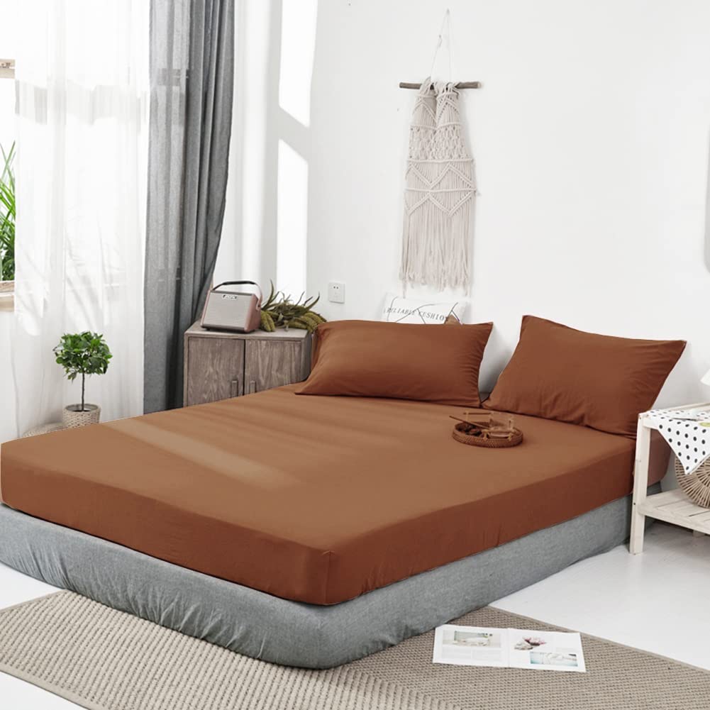 DONEUS DONEUS Jersey Knit Cotton Fitted Sheet Set Ultra Soft Wrinkle Free Breathable 15 Inch Deep Pocket Elastic King Solid Burnt Orange - View 2 of 6