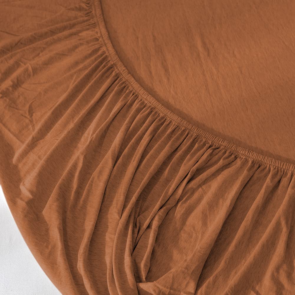 DONEUS DONEUS Jersey Knit Cotton Fitted Sheet Set Ultra Soft Wrinkle Free Breathable 15 Inch Deep Pocket Elastic King Solid Burnt Orange - View 5 of 6