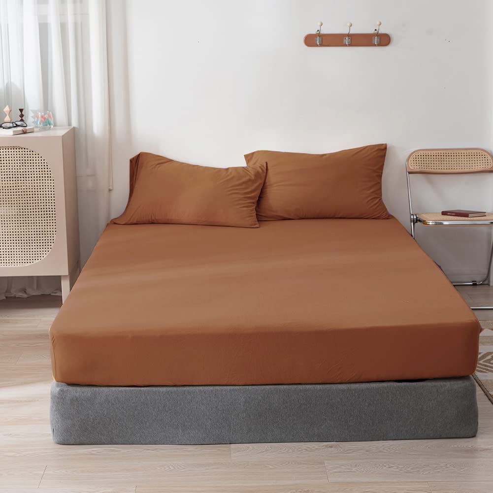 DONEUS DONEUS Jersey Knit Cotton Fitted Sheet Set Ultra Soft Wrinkle Free Breathable 15 Inch Deep Pocket Elastic King Solid Burnt Orange