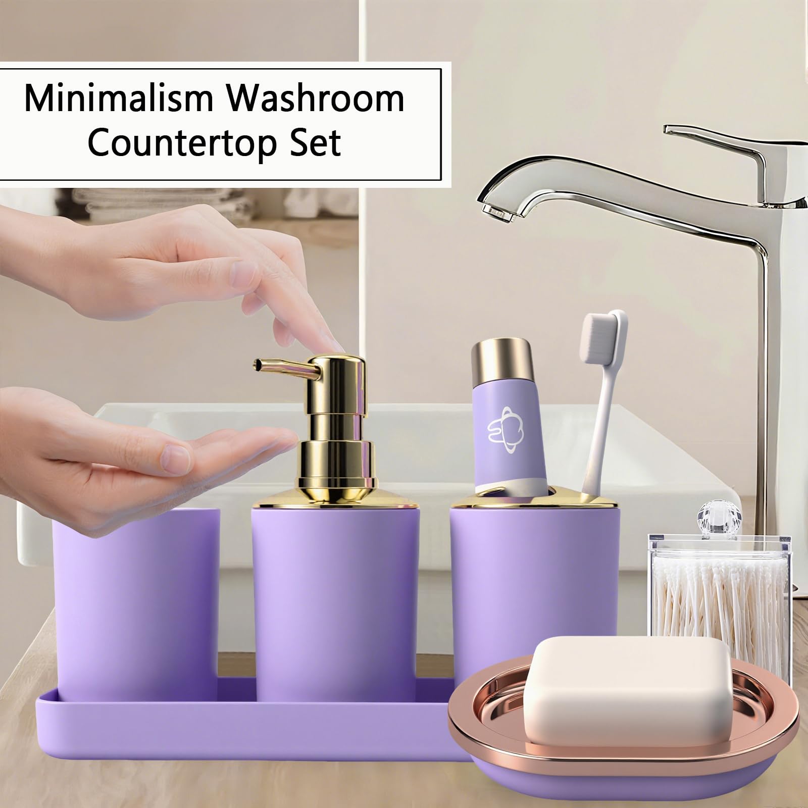 BSSN Purple Bathroom Accessories Set 9 Piece Complete with Trash Can Soap Dispenser Toilet Brush Toothbrush Holder Tumbler Cup and More - View 2 of 7