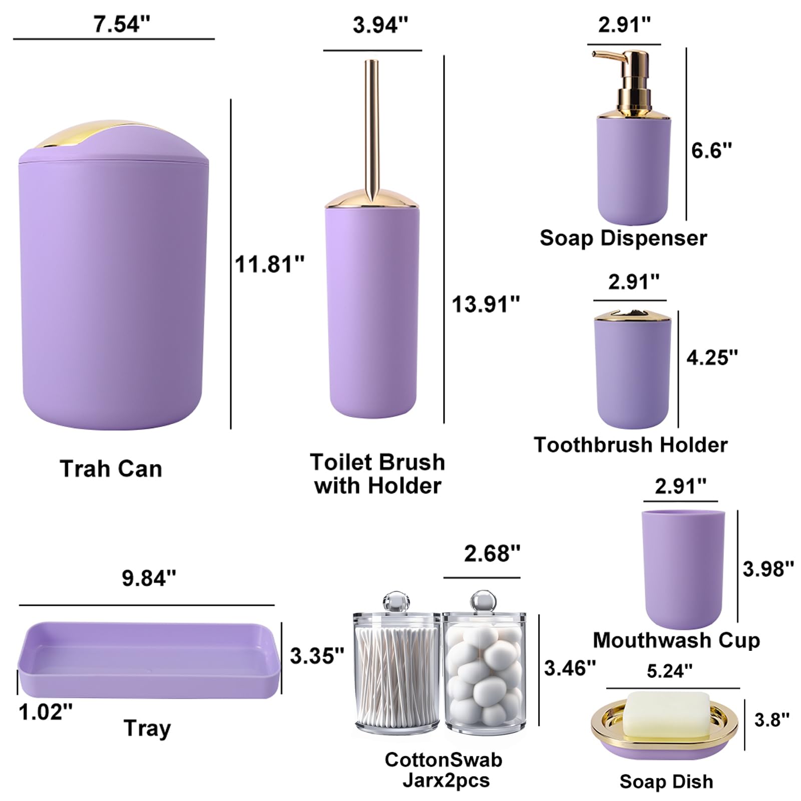 BSSN Purple Bathroom Accessories Set 9 Piece Complete with Trash Can Soap Dispenser Toilet Brush Toothbrush Holder Tumbler Cup and More - View 7 of 7