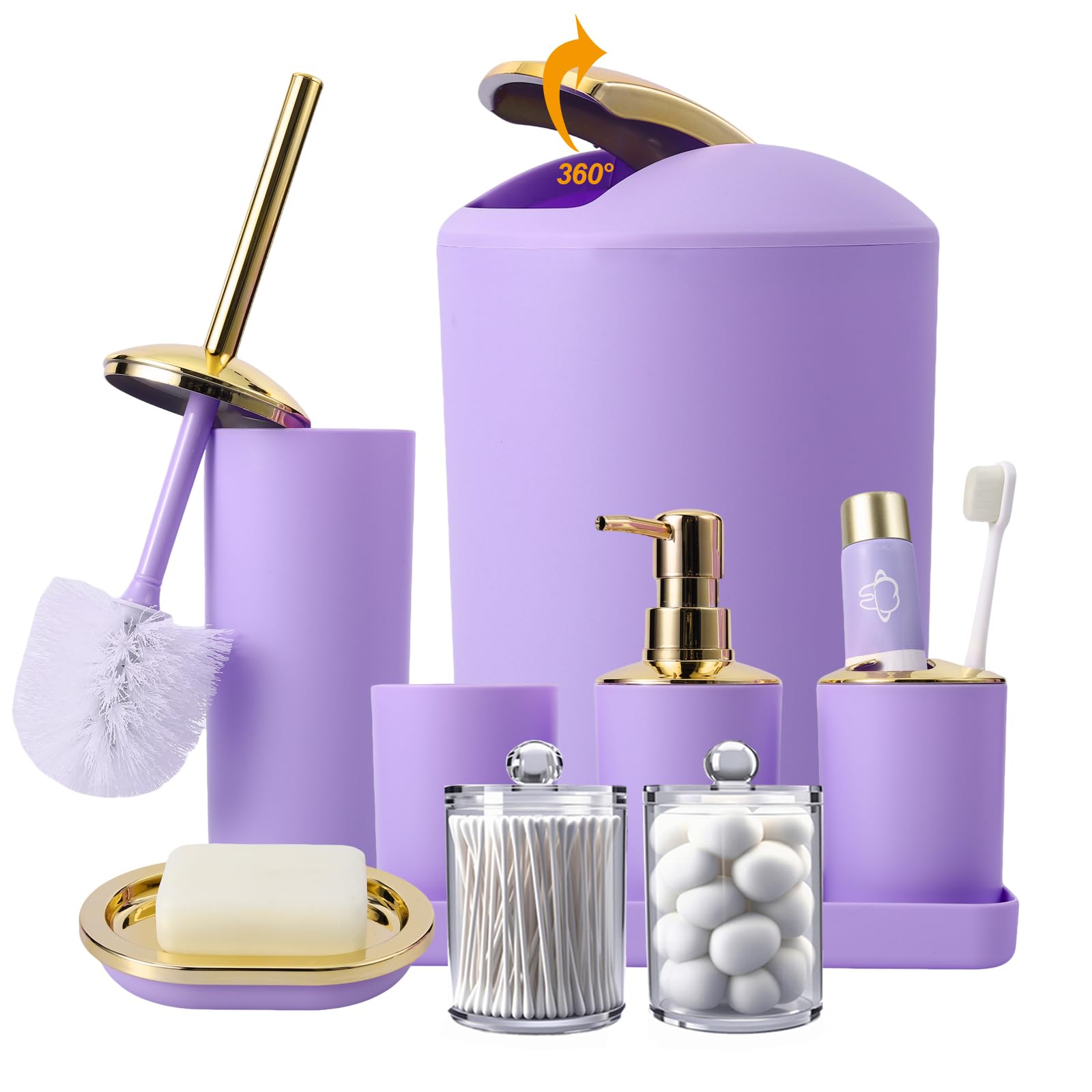 BSSN Purple Bathroom Accessories Set 9 Piece Complete with Trash Can Soap Dispenser Toilet Brush Toothbrush Holder Tumbler Cup and More