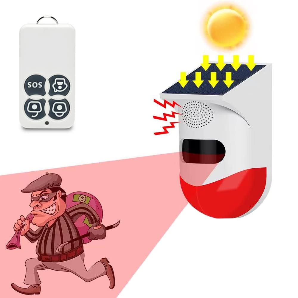 LKHSYAN Solar Strobe Light with Remote Alarm Siren for Home Farm Barn and Yard Security