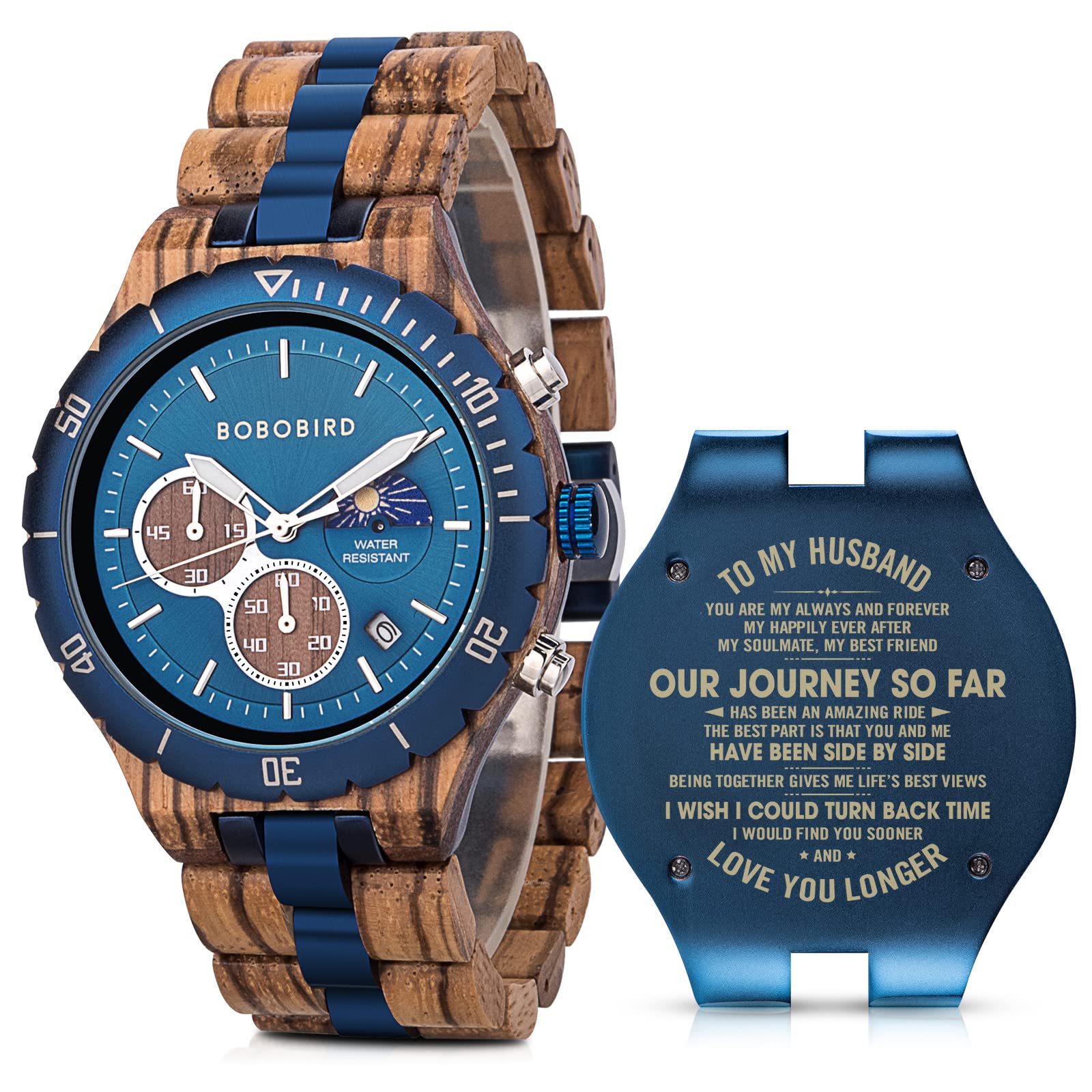 2win Mens Personalized Engraved Wooden Watches Fashion Multifunction Custom Watch Birthday Anniversary Wood Watches for Husband Boyfriend Dad Him Son