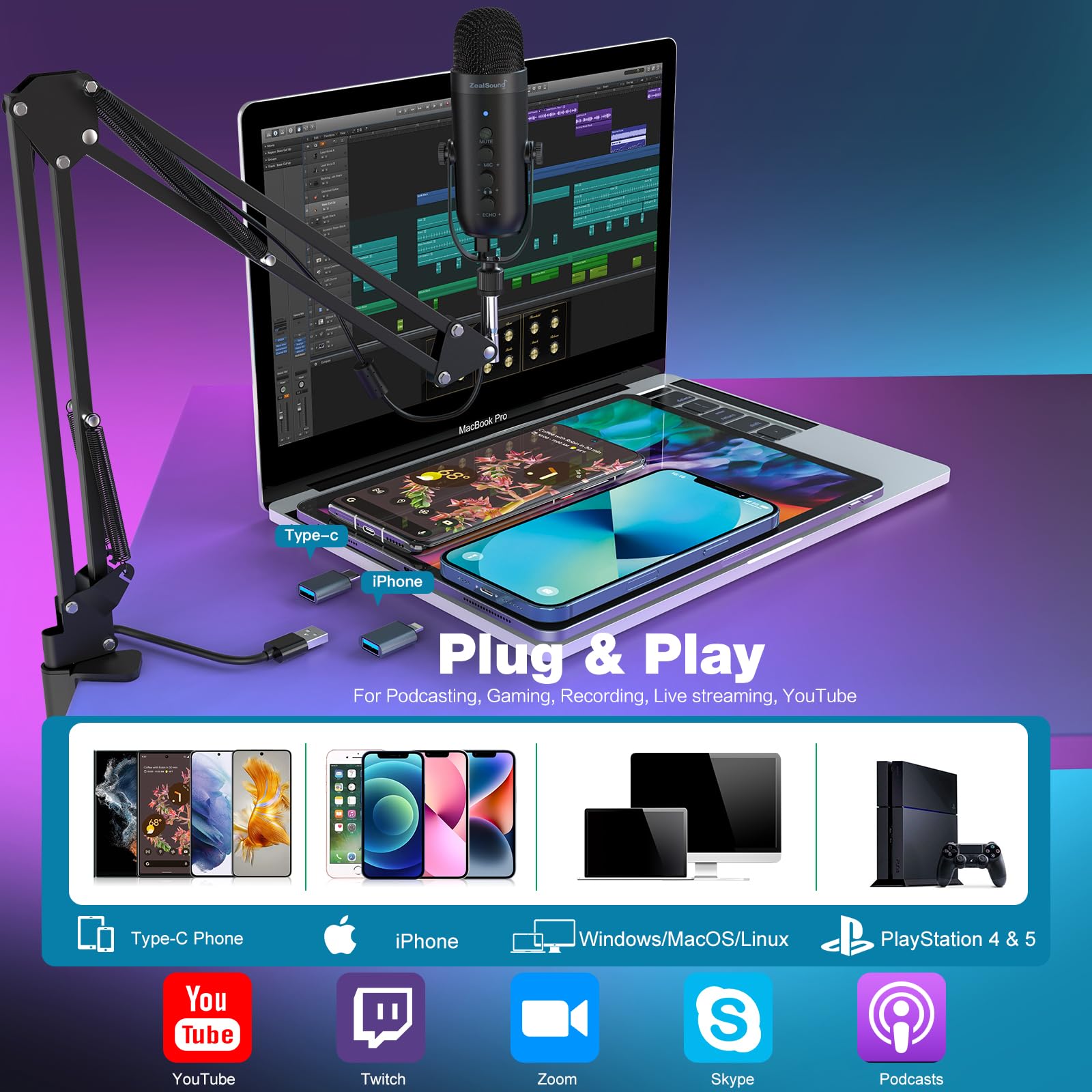 ZealSound Gaming Microphone Kit,Podcast Condenser USB Mic with Boom Arm,Supercardioid Microphone with Mute Button,Echo Volume Gain Knob,Adjust - View 2 of 7