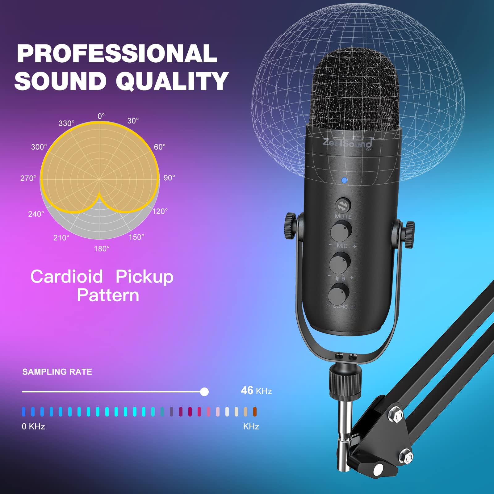 ZealSound Gaming Microphone Kit,Podcast Condenser USB Mic with Boom Arm,Supercardioid Microphone with Mute Button,Echo Volume Gain Knob,Adjust - View 3 of 7