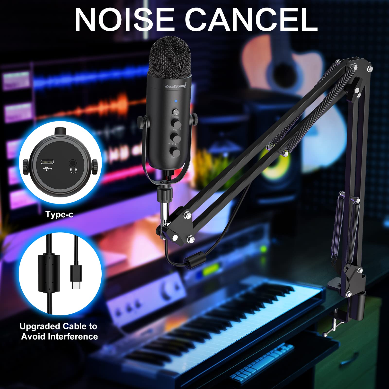 ZealSound Gaming Microphone Kit,Podcast Condenser USB Mic with Boom Arm,Supercardioid Microphone with Mute Button,Echo Volume Gain Knob,Adjust - View 4 of 7