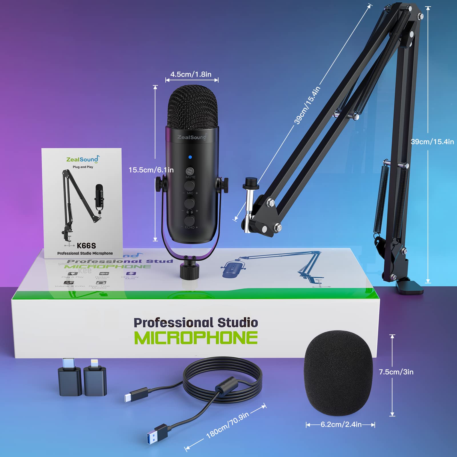 ZealSound Gaming Microphone Kit,Podcast Condenser USB Mic with Boom Arm,Supercardioid Microphone with Mute Button,Echo Volume Gain Knob,Adjust - View 7 of 7