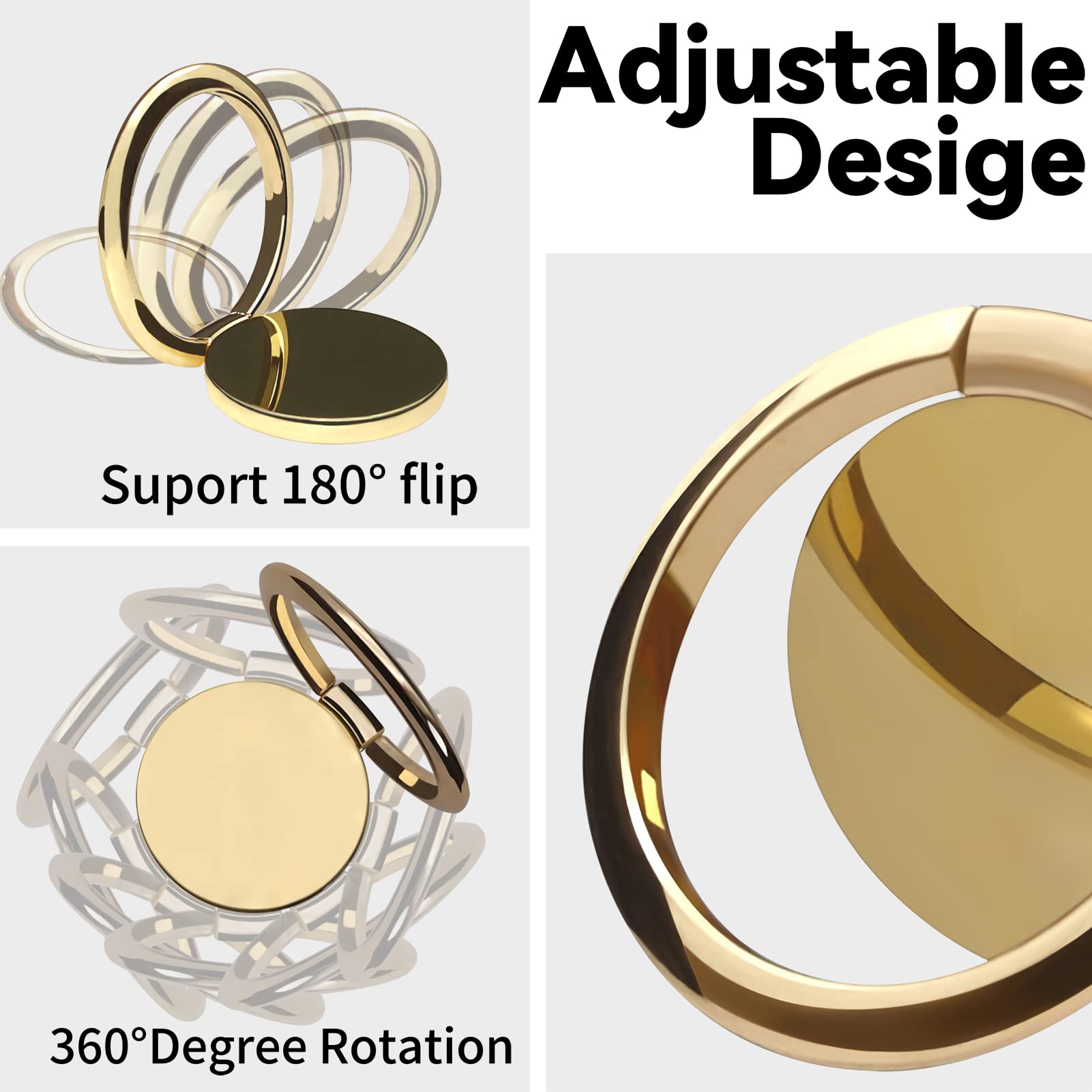 OBHEI Metal Cell Phone Ring Holder Finger Ring Stand, 360 Degree Rotation Ring Kickstand Grip Holder for Magnetic Car Mount, Gold - View 2 of 7